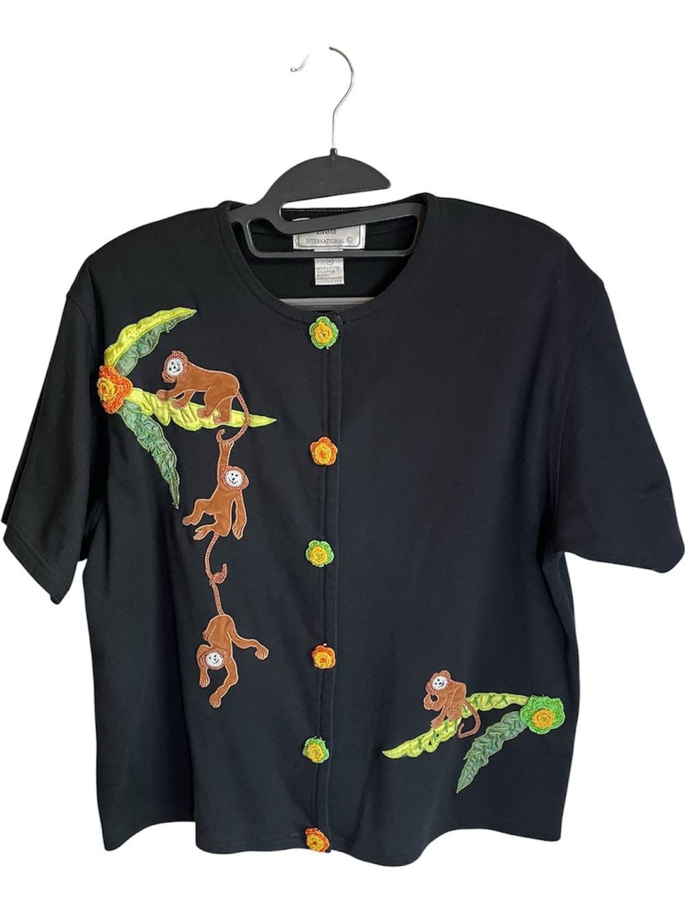 Lisa International Vintage Novelty Wearable Art Black Top Monkeys Beads XL